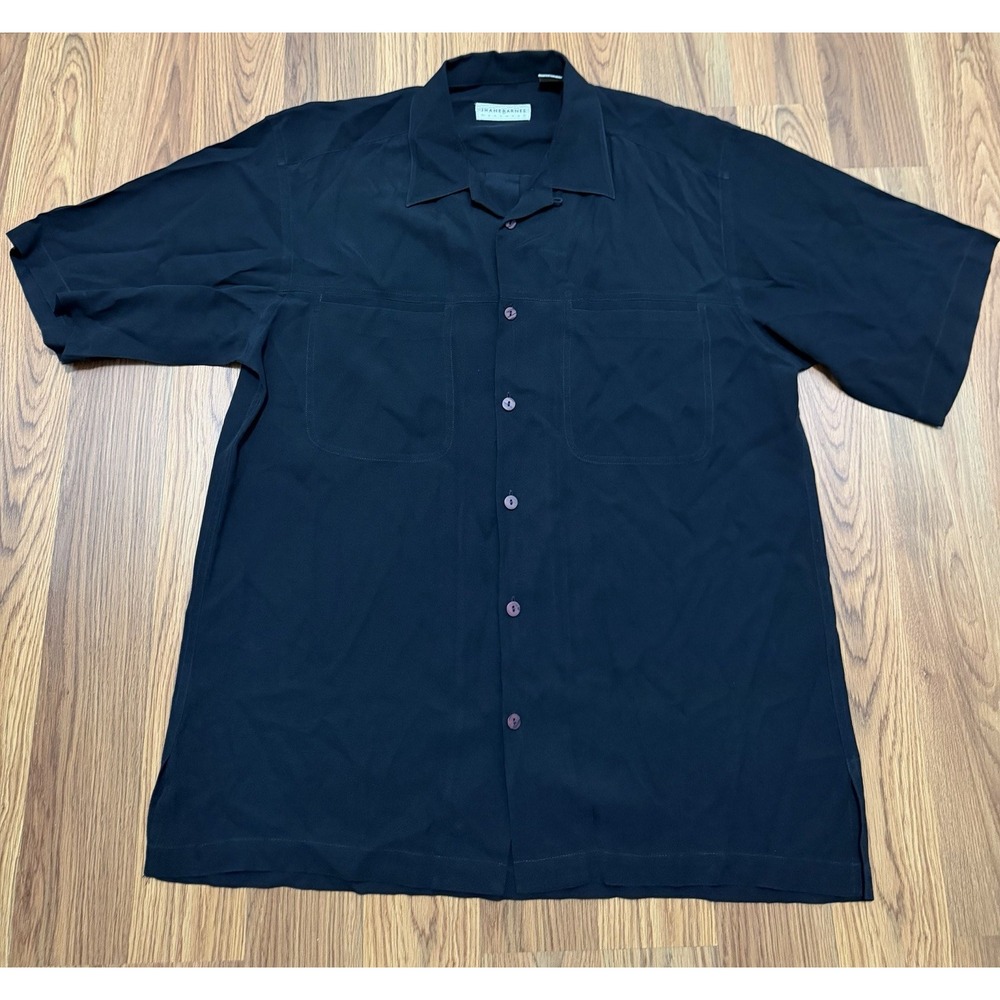 Jhane Barnes Shirt Mens Medium 100% Silk Camp Collar Black Dual Pocket